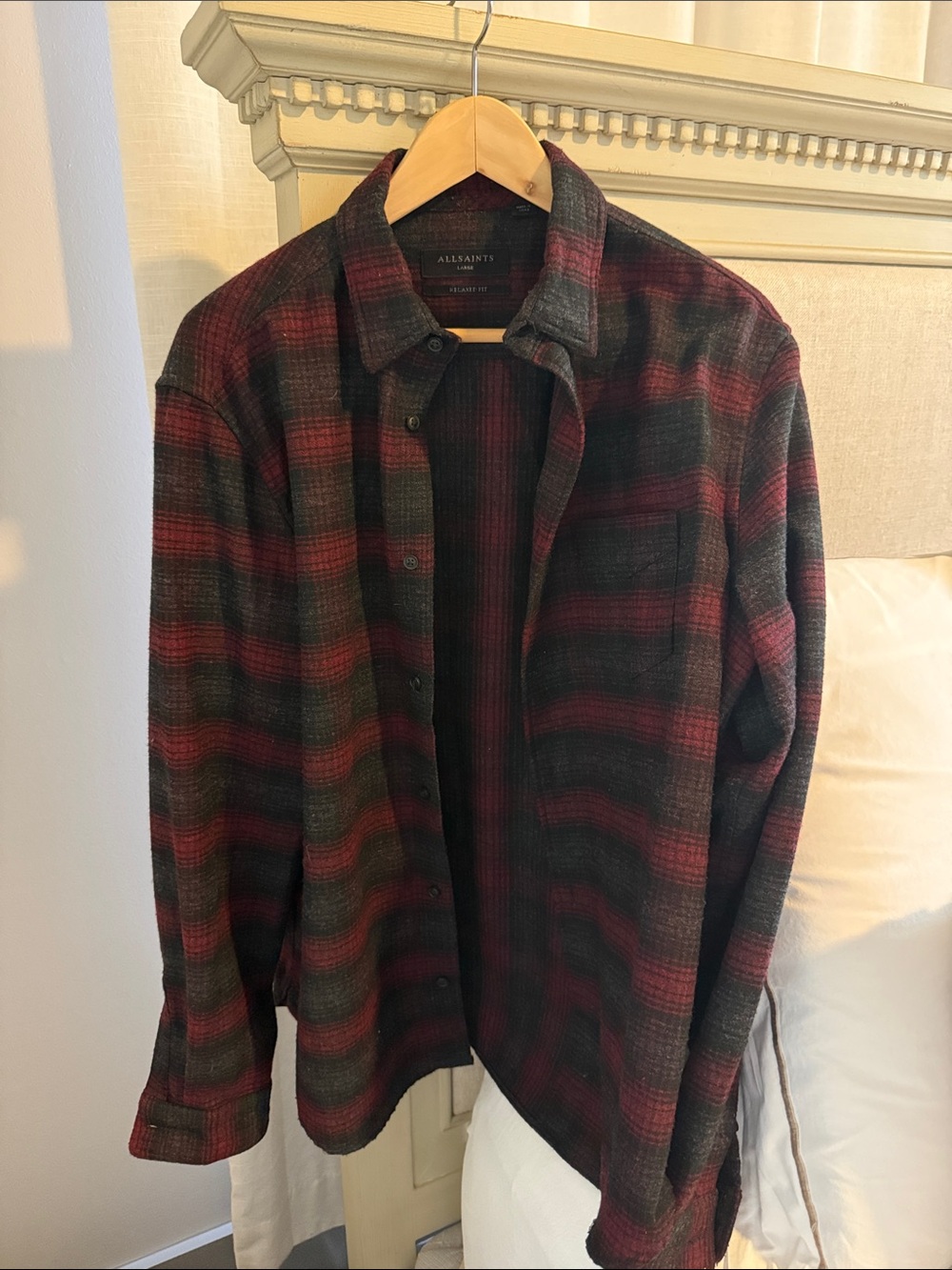 All Saints Men’s Red & Black Plaid Button-Up Heavy Shirt